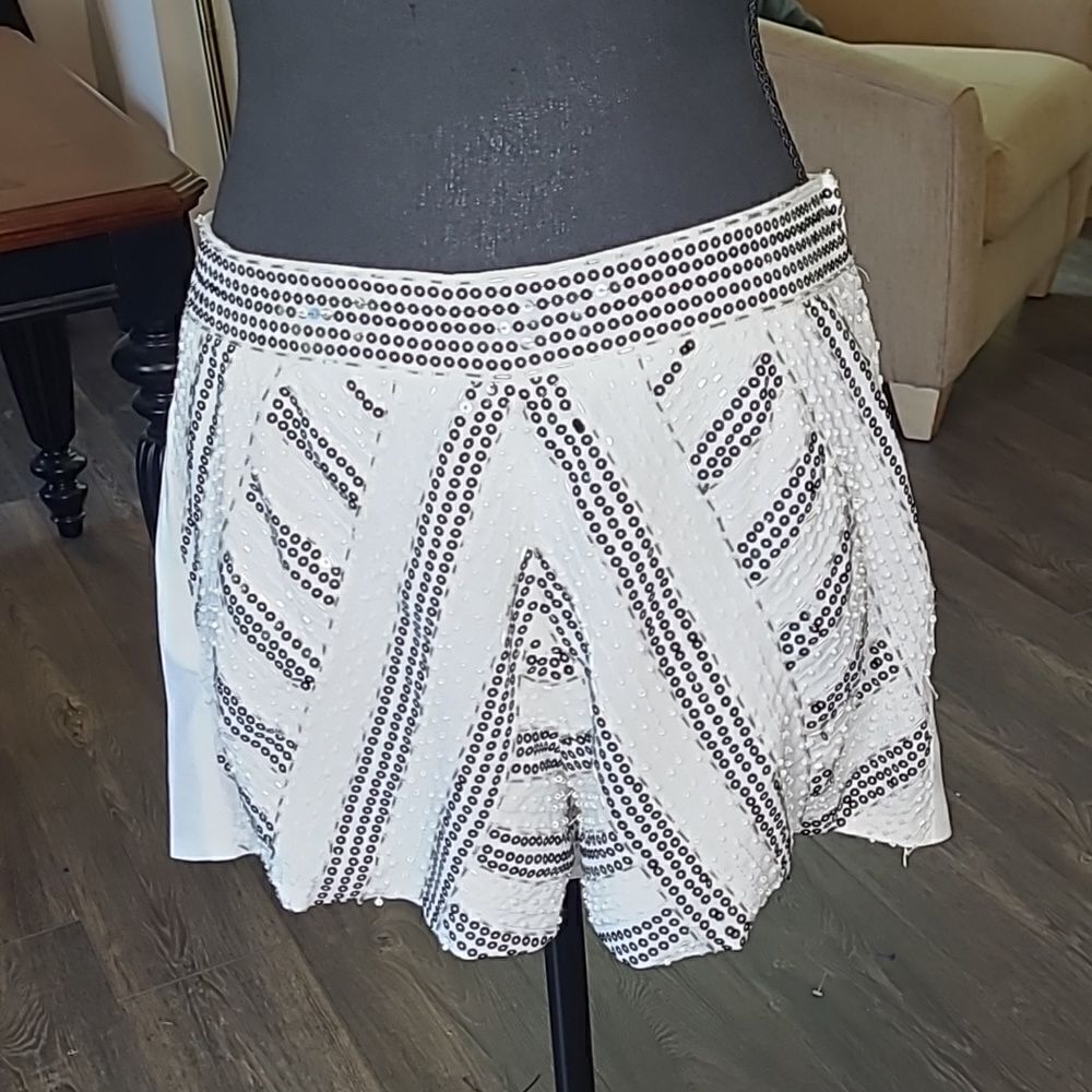 Ellison White Lightweight Shorts with Black Sequins and White Beading